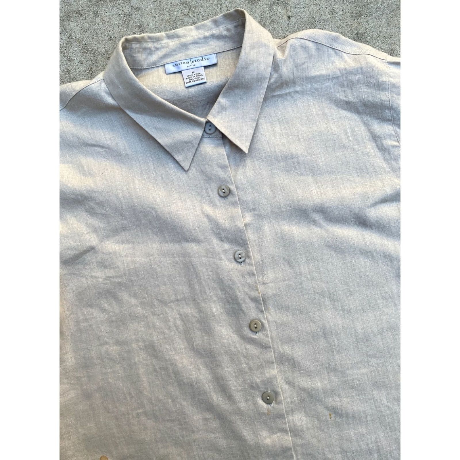Vintage Sutton Studio Women's Vintage Petite 100% Linen Button-Up Shirt Medium Tan Linen Button-Up Shirt Vintage Petite Women Size M / US 6-8 / IT 42-44 - 3 Thumbnail