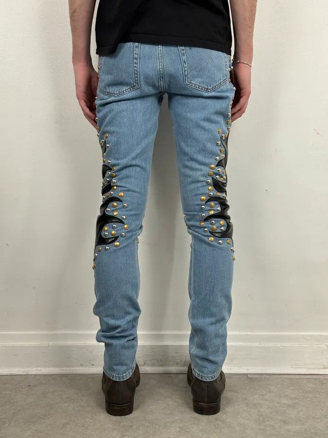 Moschino 1990s Moschino Blue Denim & Black Leather Jeans Size US 39 - 4 Thumbnail
