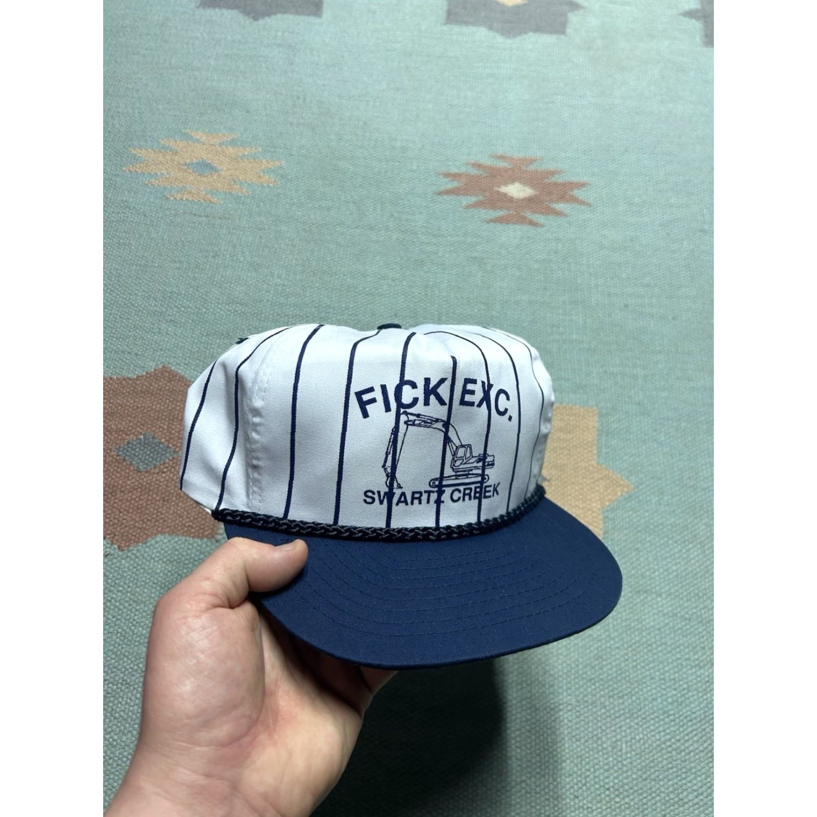 Vintage VINTAGE SnapBack Hat Cap Fick Excavating Pinstripe White Blue Michigan Men Adjustable Blue Hats Mens Size ONE SIZE - 2 Thumbnail