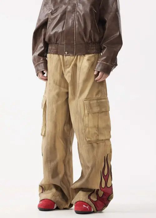 Japanese Brand × Jean Flame Embroidery Wide Leg Dirty Jean Size US 35 - 3 Thumbnail
