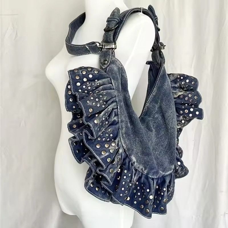 Japanese Brand Rivet Decor Ruched Shoulder Denim Bag Size ONE SIZE - 1 Thumbnail