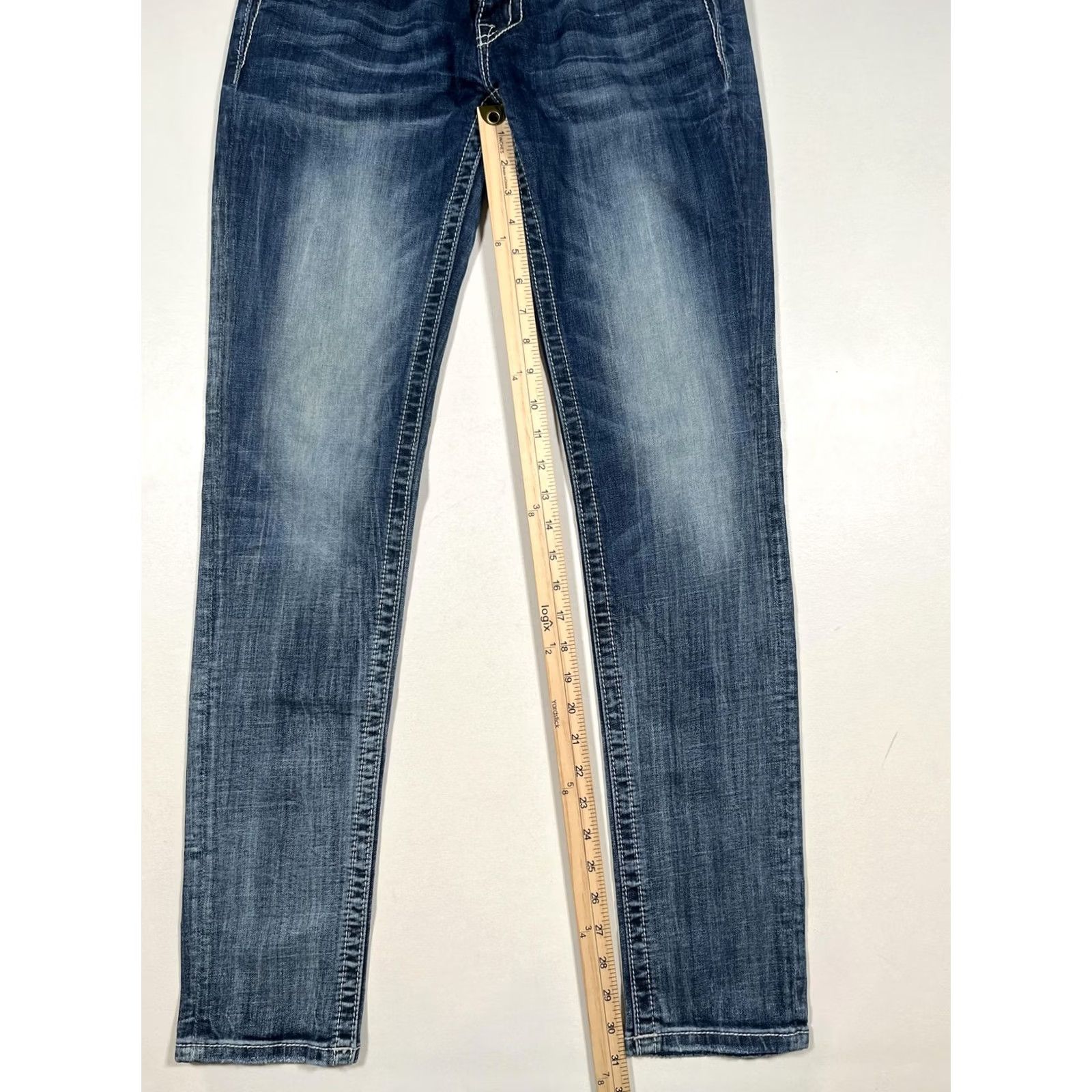Miss Me Miss Me Jeans 29 Blue Signature Skinny Low Rise Distressed Rhinestone Jeans Size 29" - 6 Thumbnail