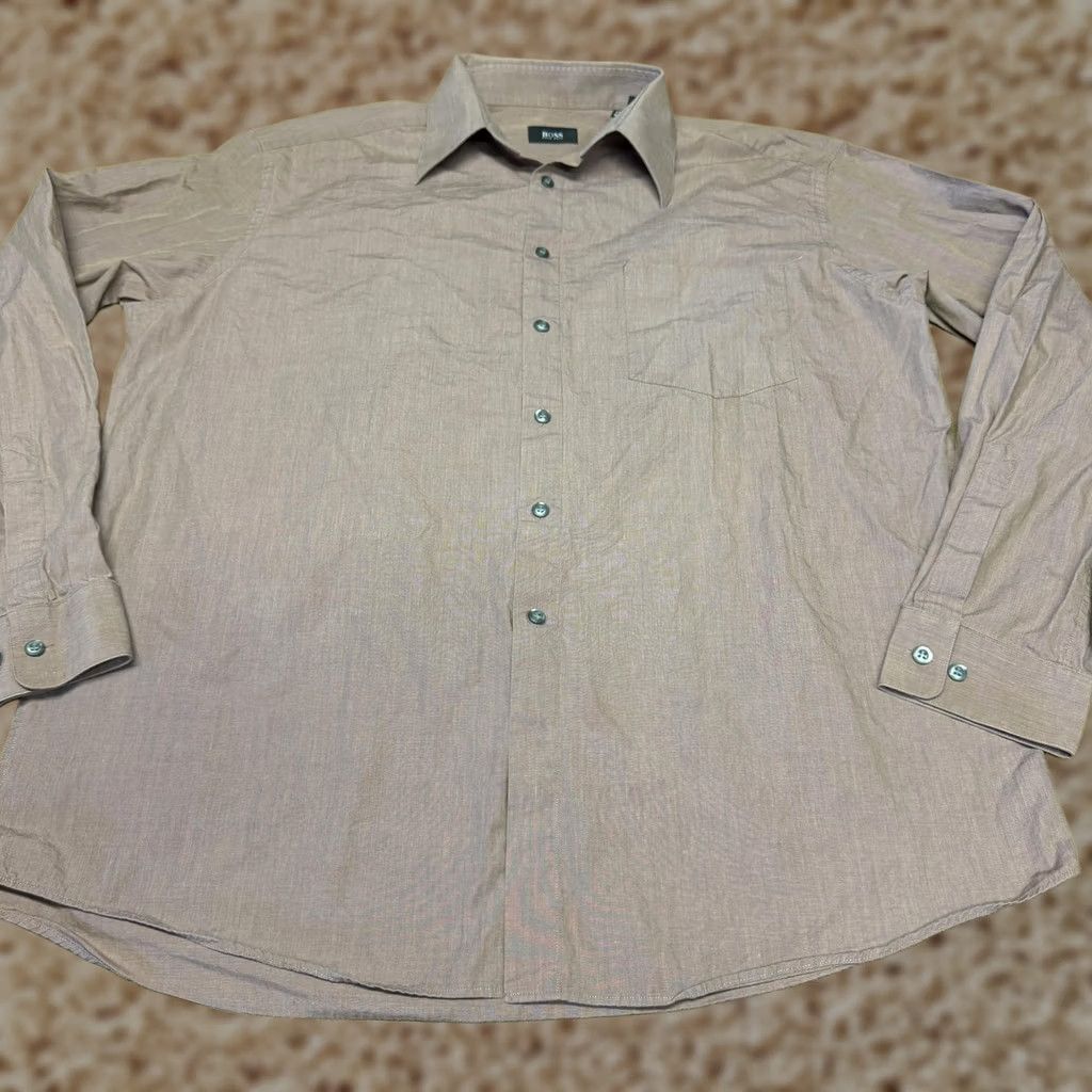 Hugo Boss HUGO BOSS Shirt Mens 17.5 Brown Solid Long Sleeve Button Front Dress Cotton Size 48R - 1 Thumbnail