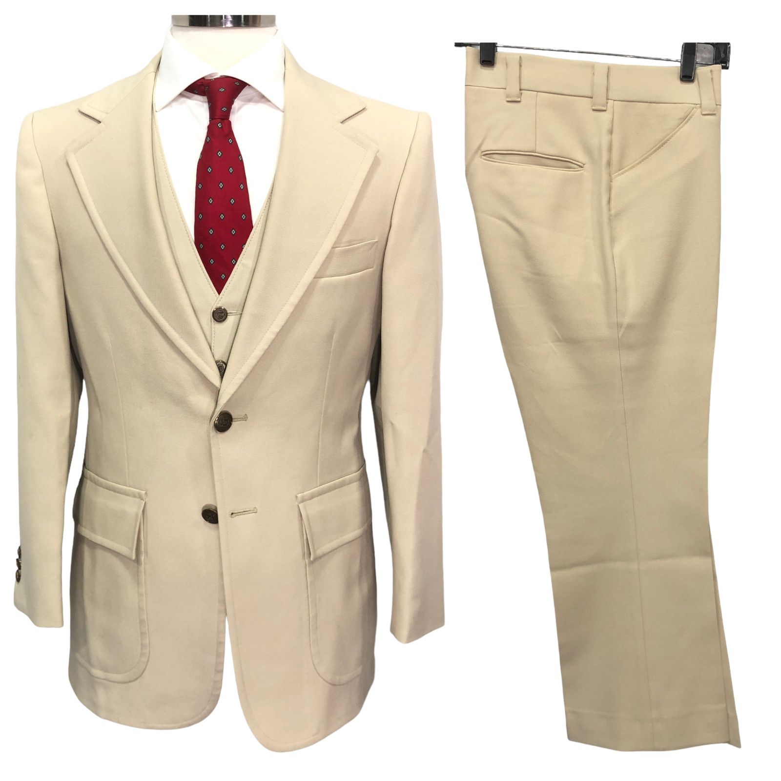 Jc Penney Vintage JC Penney Mens 38R 60s Polyester Suit Cream 3 Piece