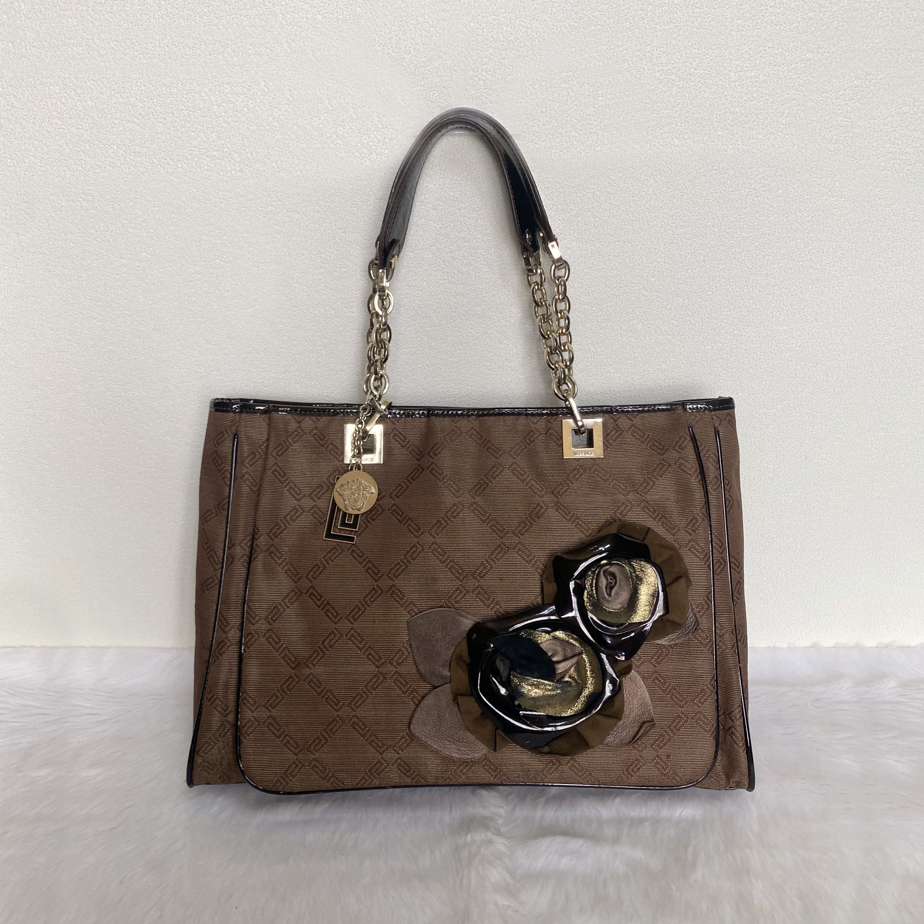 Versace Vintage Brown Black Greco Monogrammed Flower Applique Bag Size ONE SIZE - 1 Thumbnail