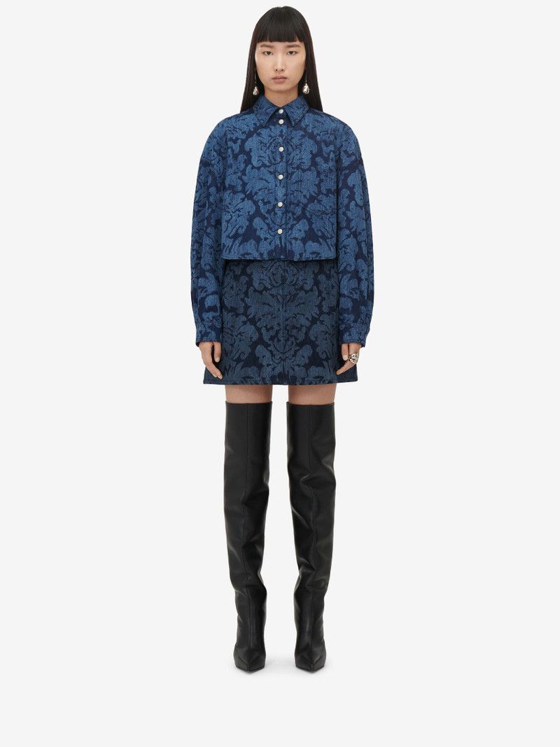 Alexander McQueen o1srvl11e0226 Damask Denim Mini Skirt In Blue Size 27" / US 4 / IT 40 - 2 Thumbnail