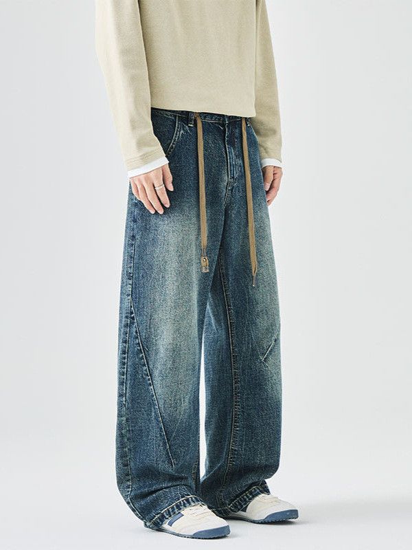 Japanese Brand Men's loose straight leg washed wide-leg sloping jeans Size US 32 / EU 48 - 3 Thumbnail