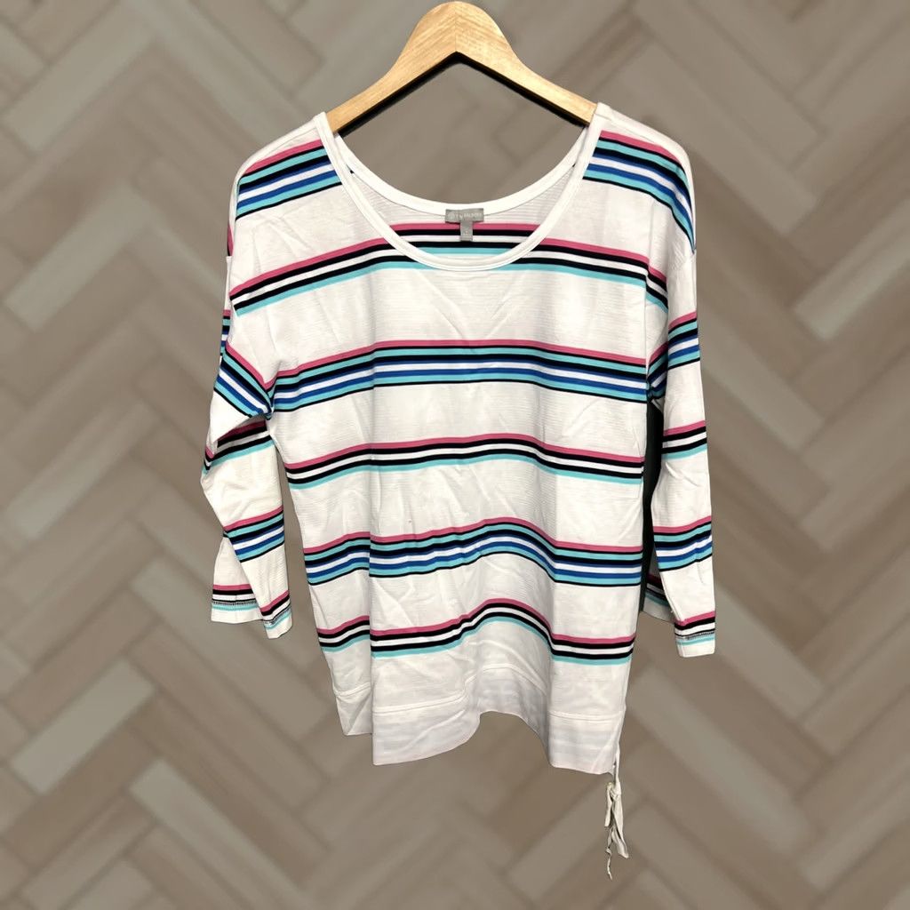 Talbots Talbots T-Shirt 3/4 Sleeve Top Size L Pink Blue White Striped Multicolor Knit Cotton Spandex Casual Womens Size L / US 10 / IT 46 - 1 Thumbnail