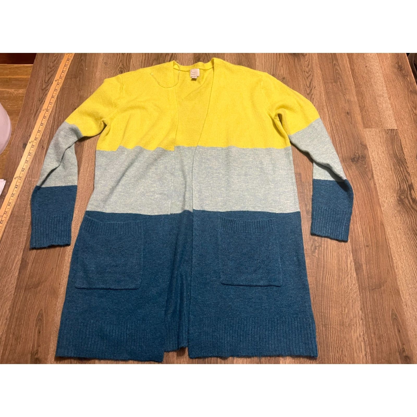 Vintage A New Day Sweater Cardigan Women's Medium Yellow Blue Gray Open Casual Mens? Size M / US 6-8 / IT 42-44 - 2 Thumbnail