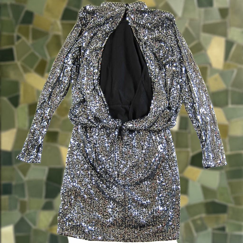 Asos ASOS Design Dress 10 NWT Silver Metallic Sequin High Neck Long Sleeve Open Back Size L / US 10 / IT 46 - 1 Thumbnail