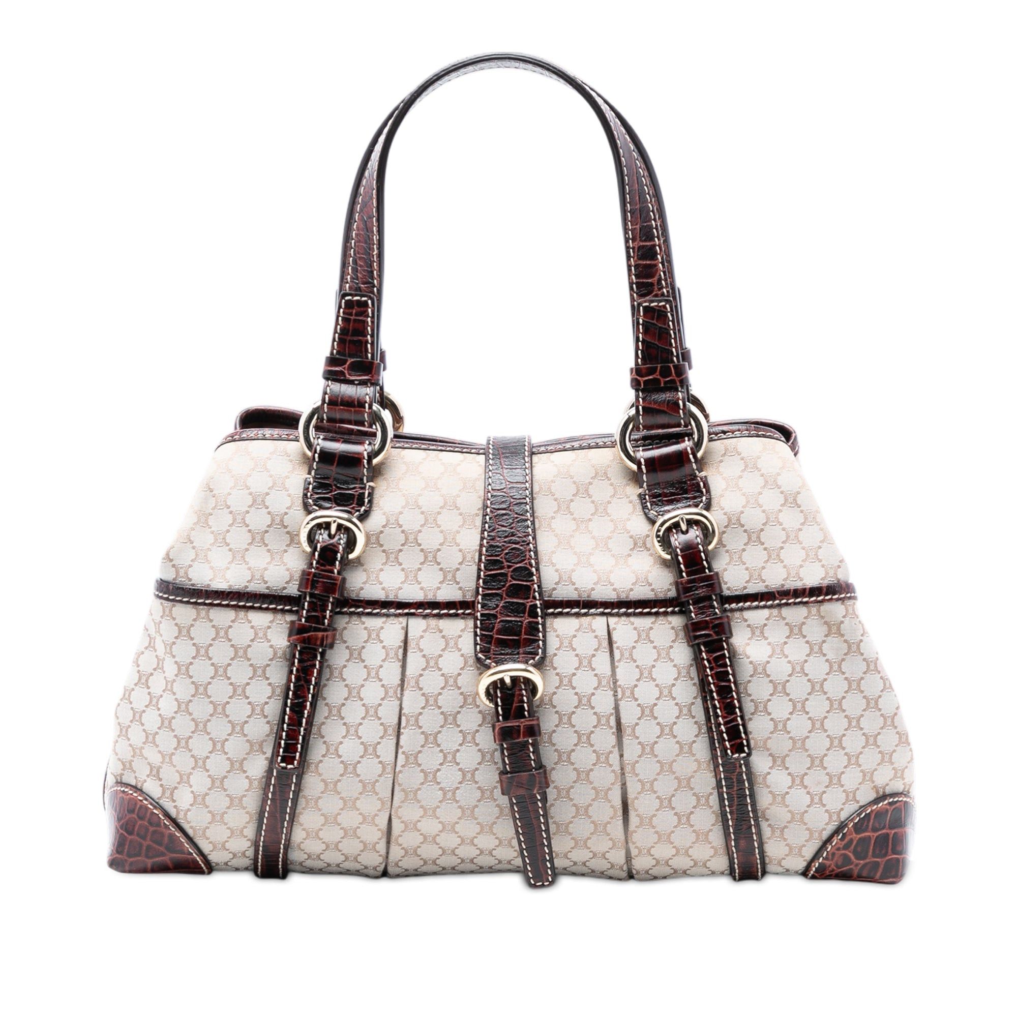 Celine Croc Embossed Leather Trimmed Macadam Canvas Handbag in Brown, Women's