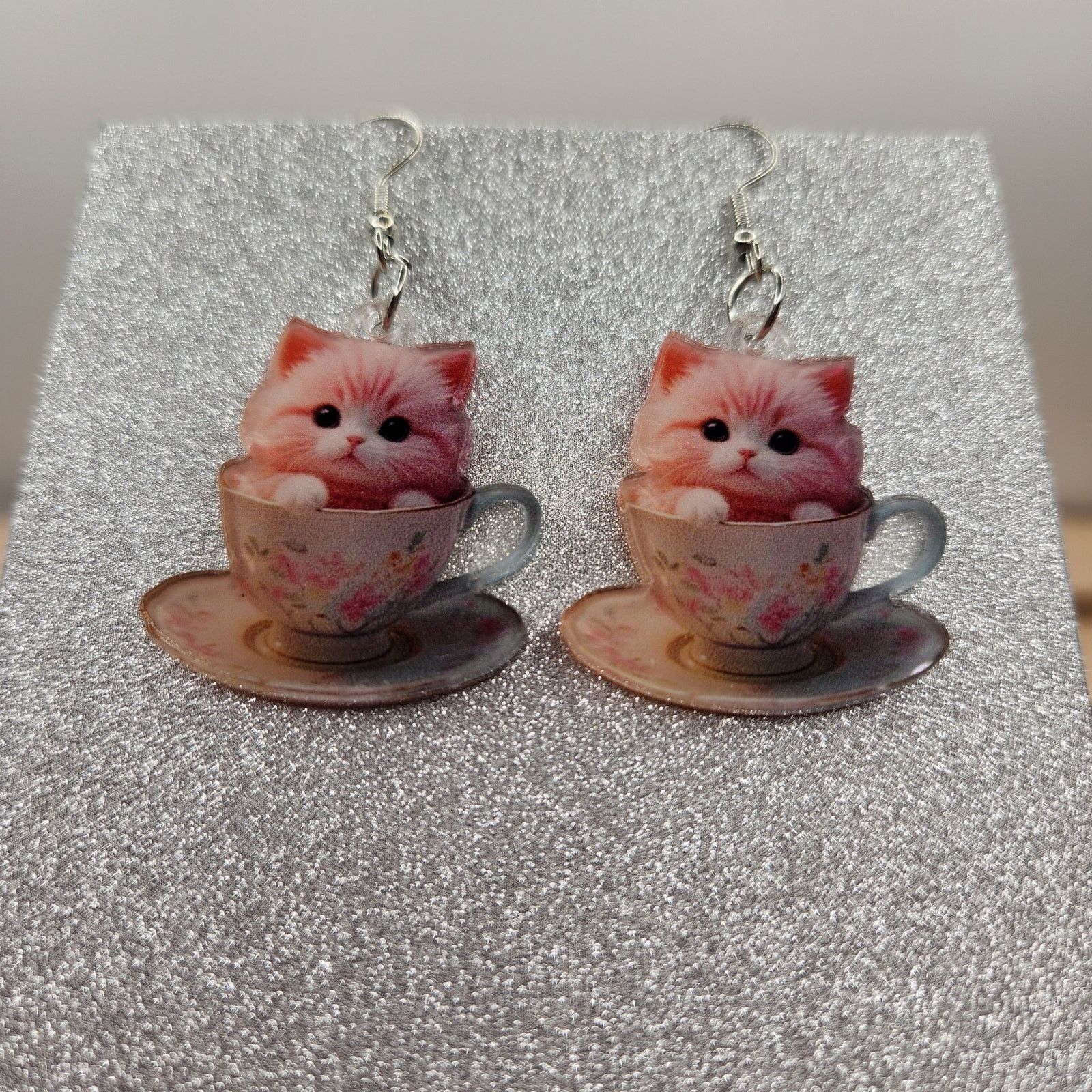 Other Pink Cat in Floral Teacup Acrylic Earrings Size ONE SIZE - 7 Thumbnail