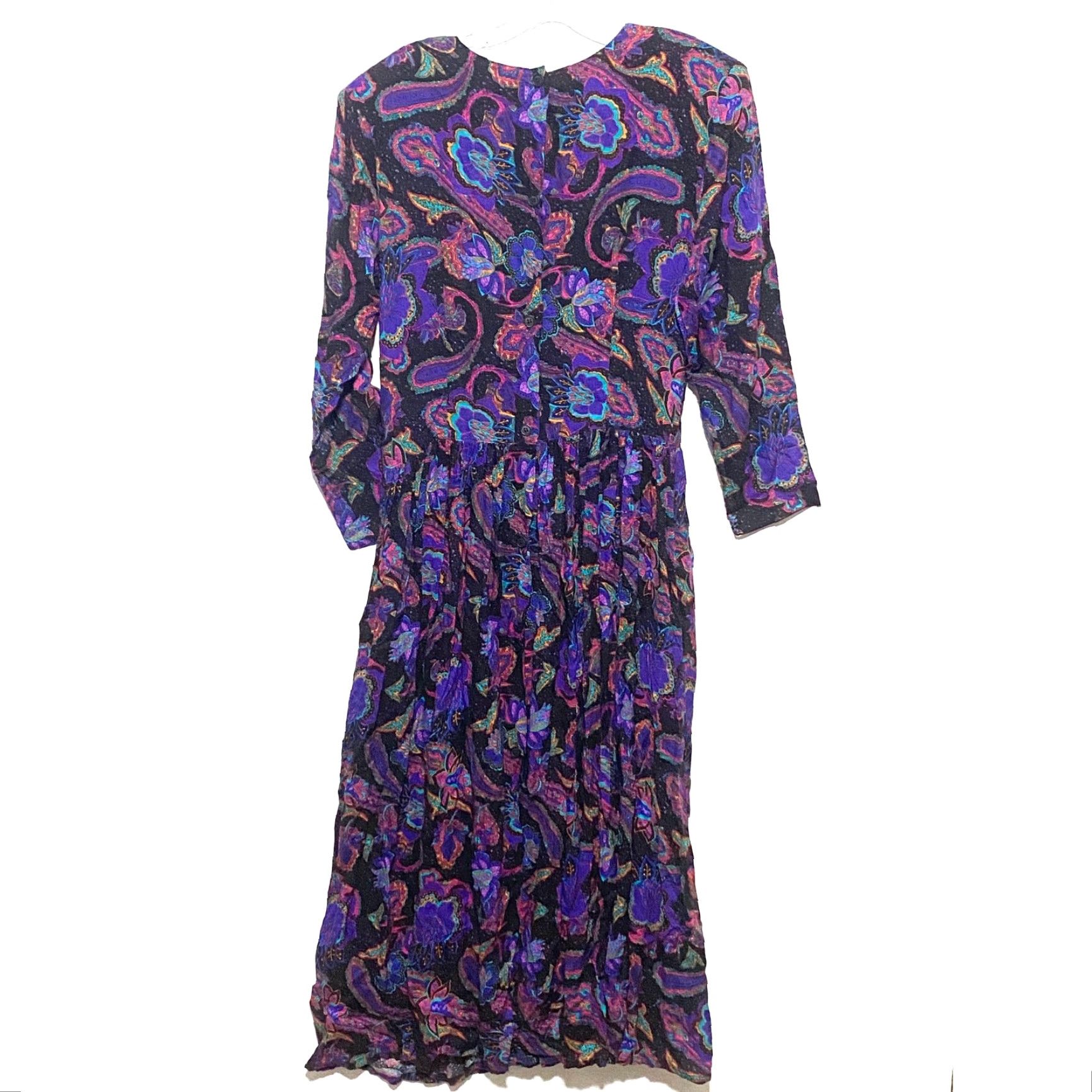 Vintage VINTAGE Pier 1 Dress Purple Paisley S Midi Long Sleeve Round Neck Pleated Secretary Modest Bohemian Retro Maximalist Womens Size S / US 4 / IT 40 - 2 Thumbnail