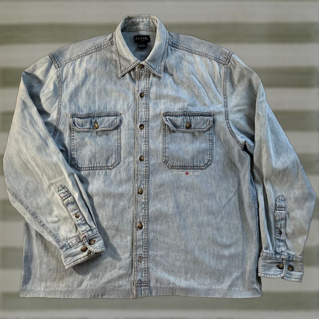 Guess VINTAGE Guess Denim Shirt Mens Button-Up LS 90s Americana Size L Blue Cotton Embroidered Pockets Size US L / EU 52-54 / 3 - 1 Thumbnail