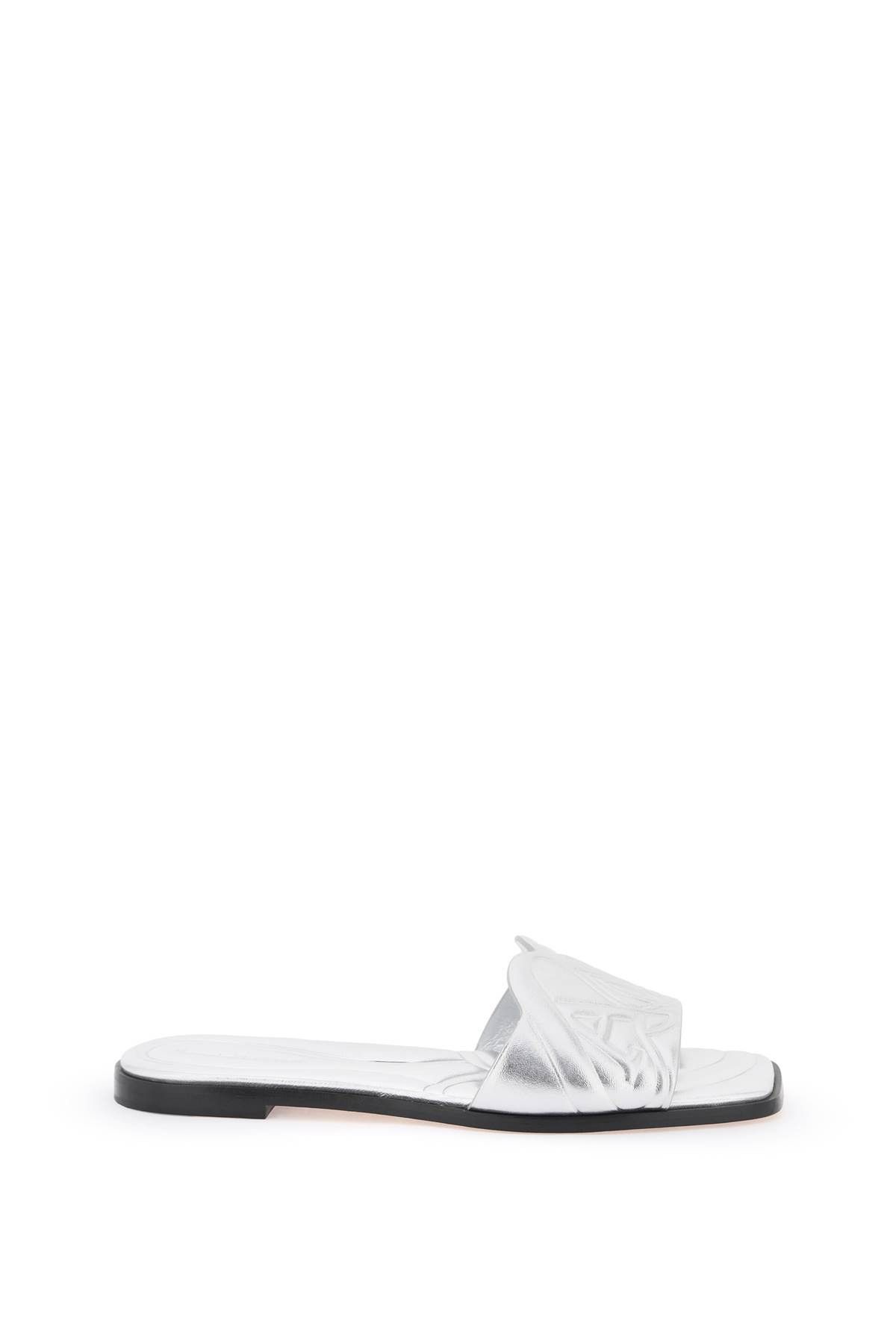 image of Alexander Mcqueen Laminated Leather Slides With Embossed Seal Logo in Silver, Women's (Size 7)