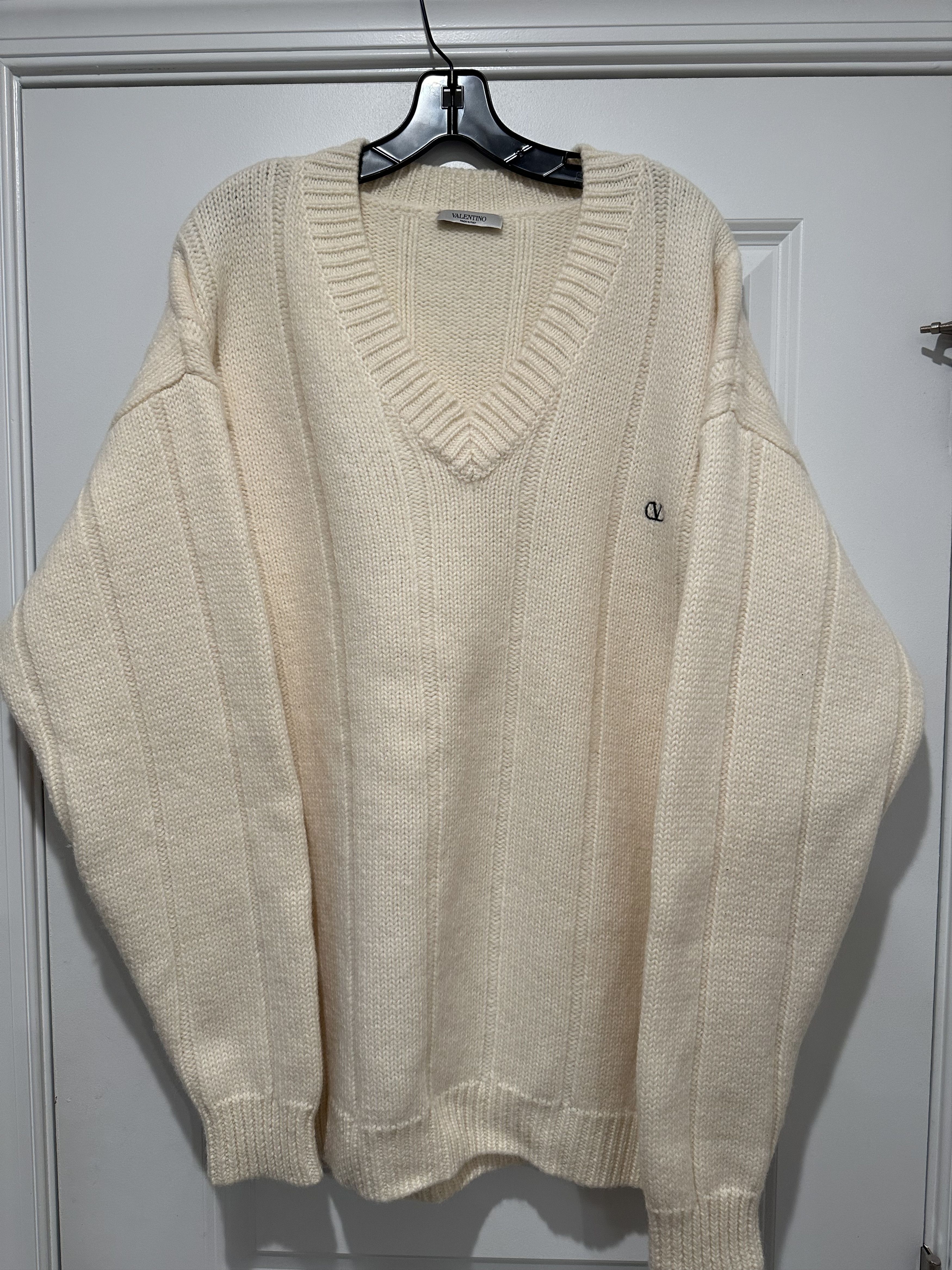 image of Valentino Men’S Wool V-Neck Sweater $1000 Size 2Xl in Cream, Men's