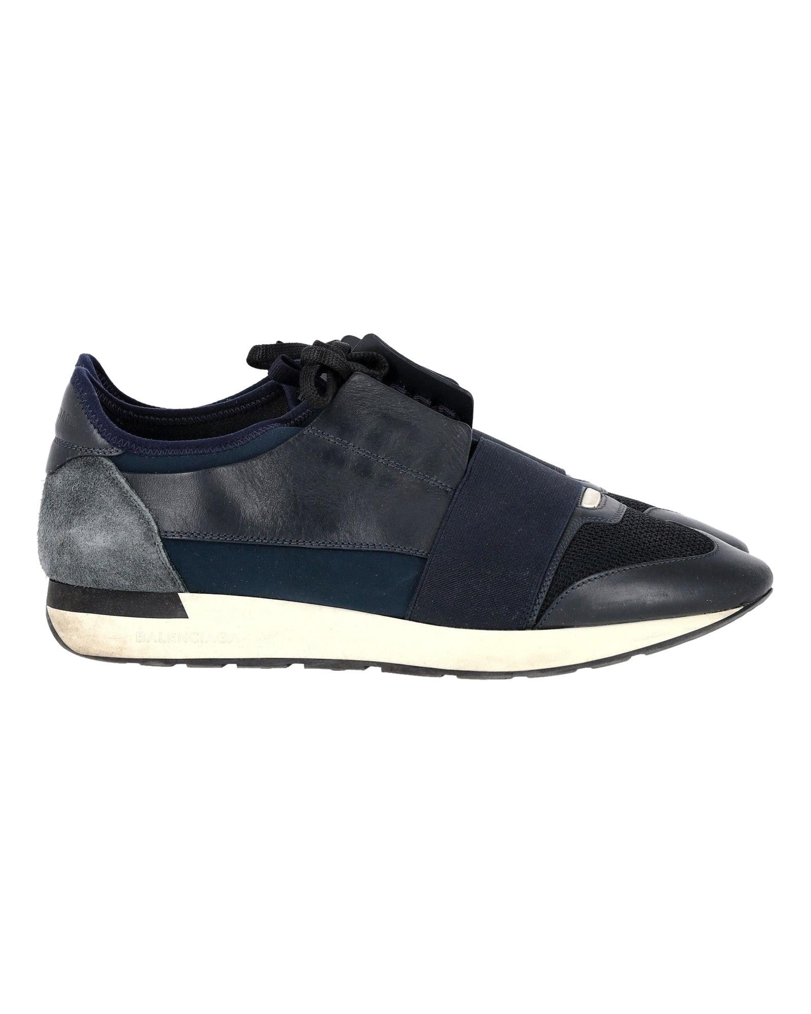image of Balenciaga Contrasting Leather And Mesh Race Runner Sneakers In Navy Blue, Men's (Size 8)