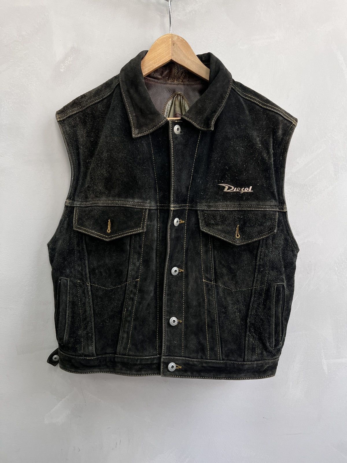 Diesel × Vintage Trucker diesel Leather Jacket vest Suede Black Vintage 90s Size US M / EU 48-50 / 2 - 1 Thumbnail