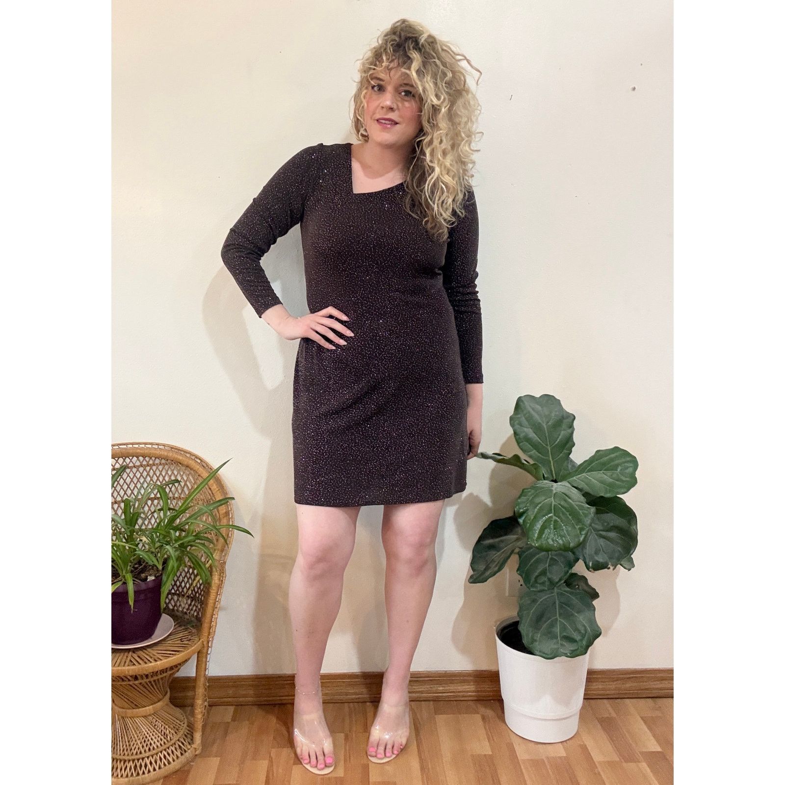 Other 90s Chocolate Brown Asymmetrical Neckline Sparkle Dress Size XL / US 12-14 / IT 48-50 - 1 Thumbnail