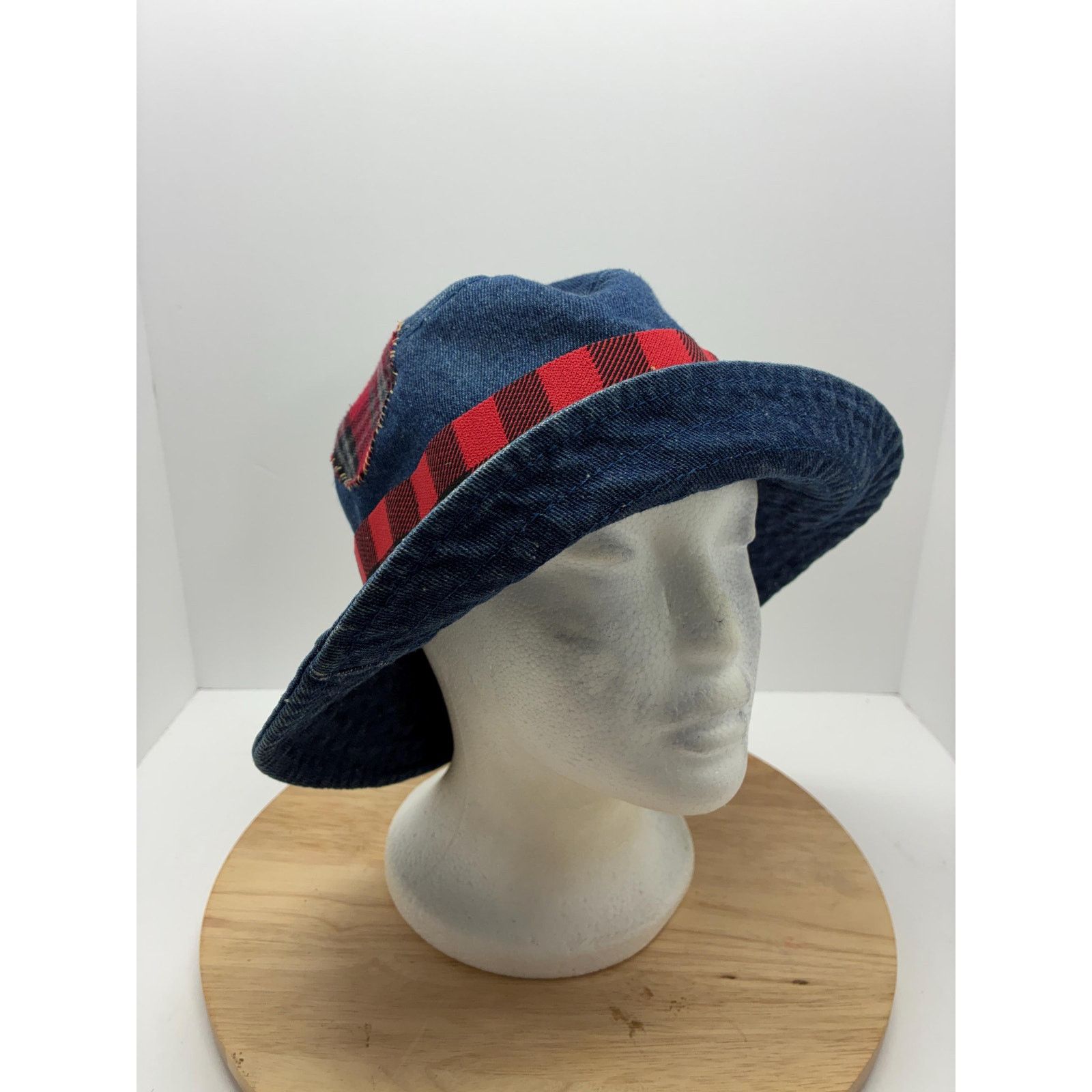 Other Vintage Denim Hat Reworked – Small 22” Red Plaid, Americana Size ONE SIZE - 7 Thumbnail