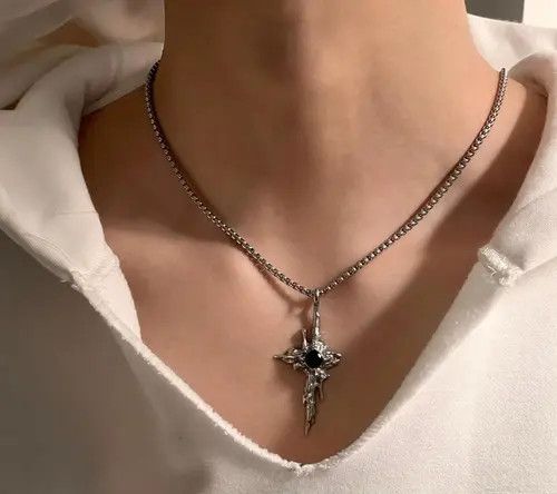 Jewelry 647Silver Gothic Cross Pendant Necklace with Black Stone Size ONE SIZE - 4 Thumbnail
