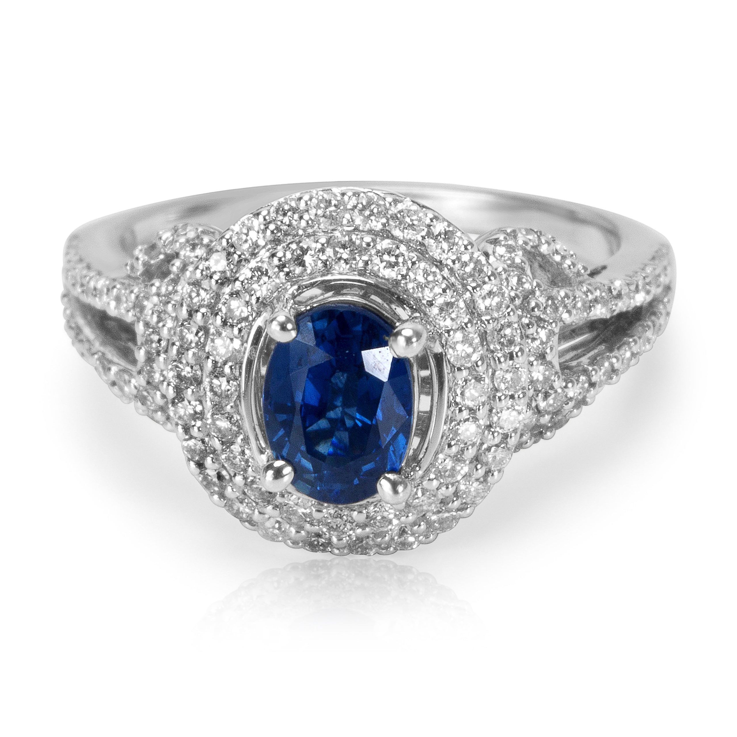 image of Tiffany Co Diamond & Sapphire Double Halo Fashion Ring In 14K Wg (0.65 Ctw) in Gold, Women's