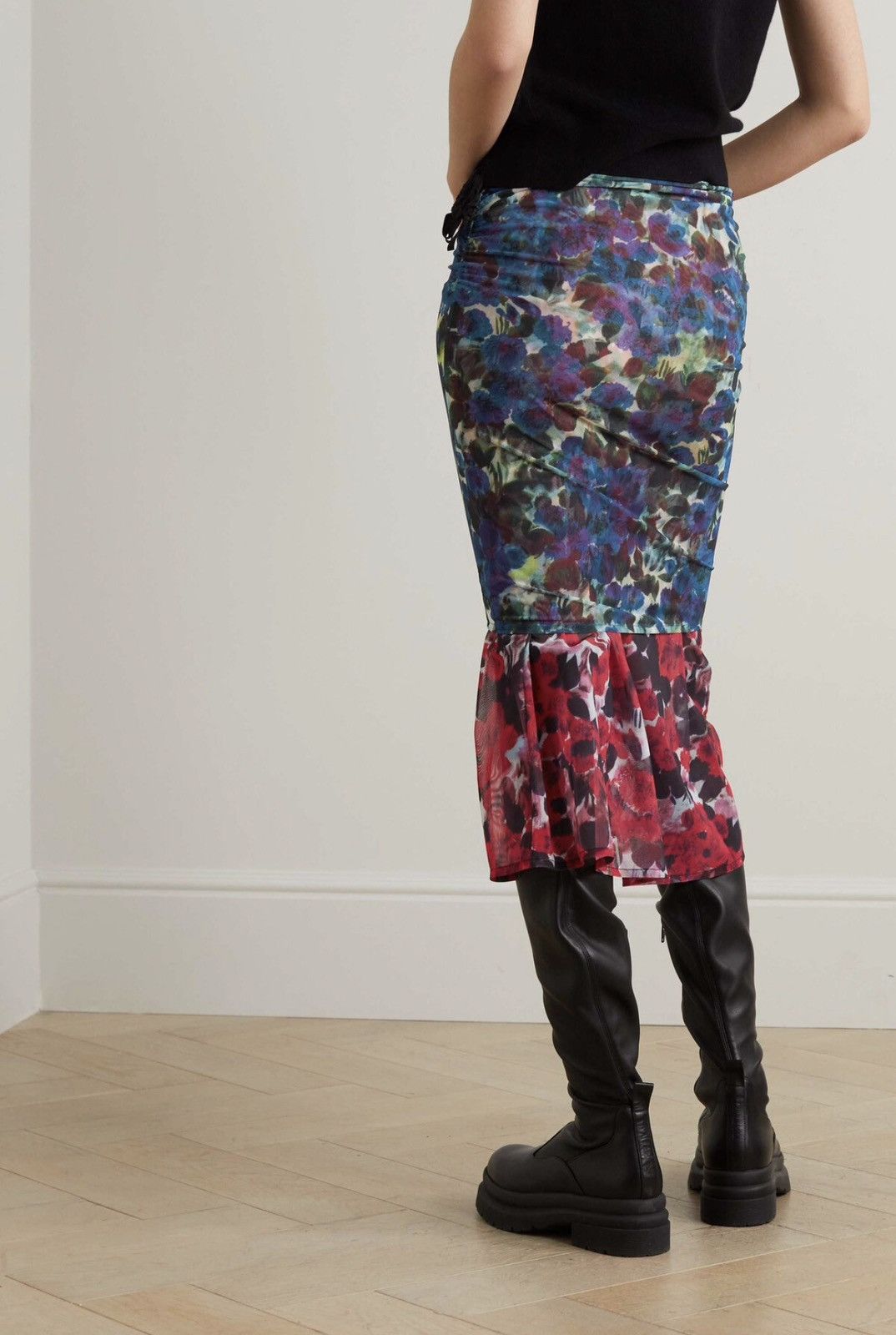 Dries Van Noten Gathered floral-print stretch-mesh midi skirt Extra Small Size 25" / US 0 / IT 36 - 4 Thumbnail