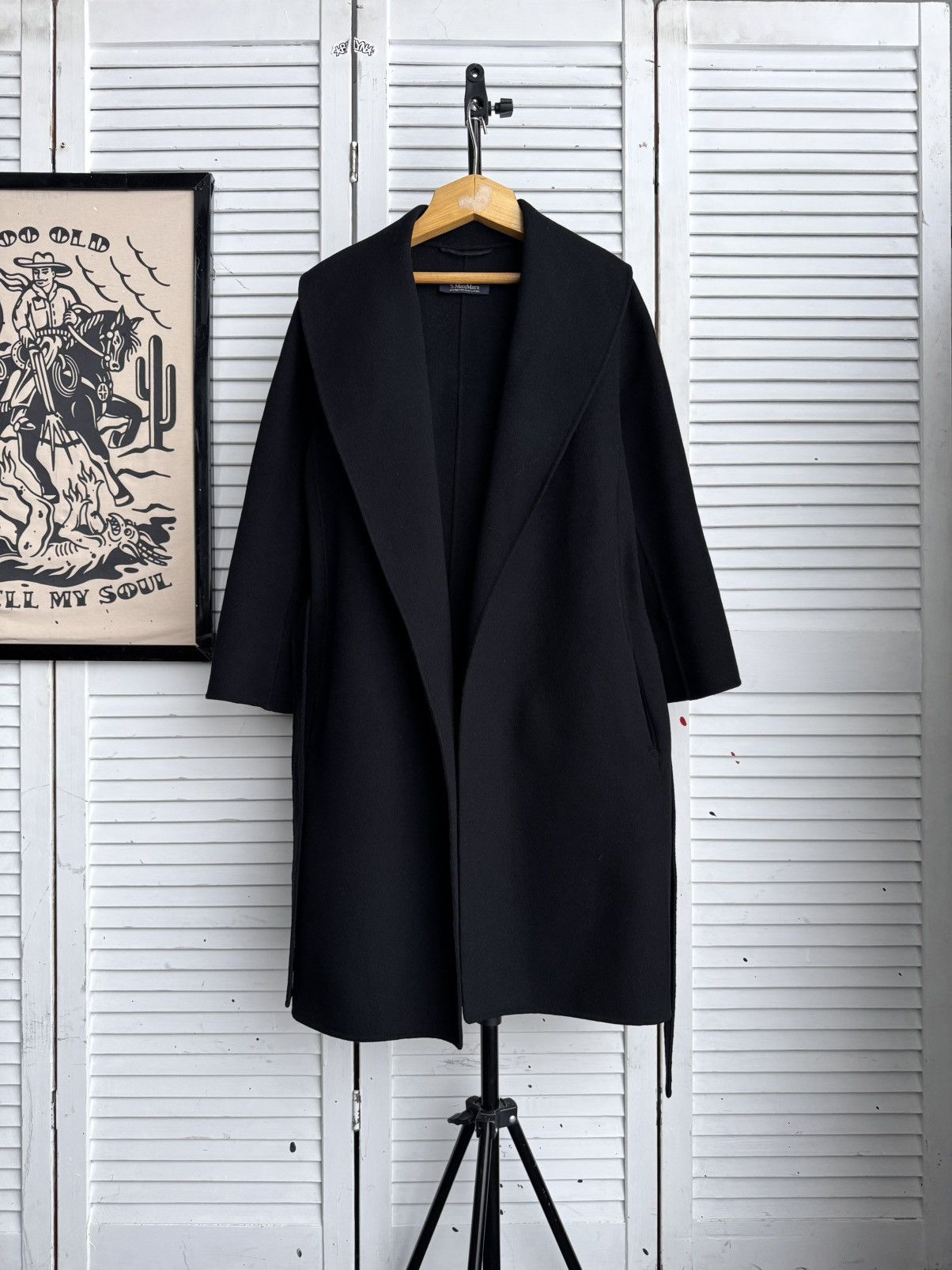 Max Mara S Max Mara Messi Cucito a Mano Wool Coat Black Belted Italy Size XS / US 0-2 / IT 36-38 - 4 Thumbnail