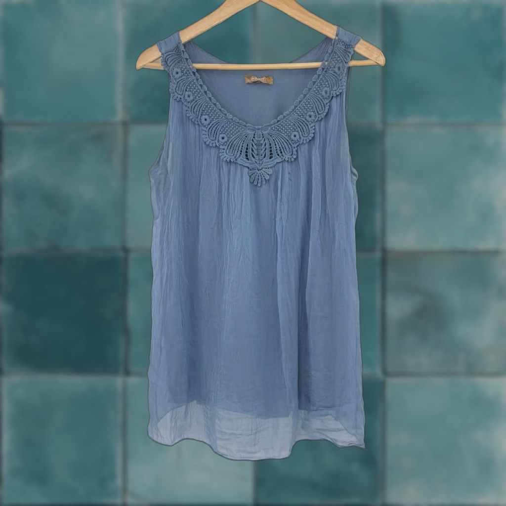 Vintage CARLA CONTI Blue Crochet Neck Sleeveless Tank Top Women's M Tank Tunic Sleeveless Casual Sleeve Scoop Neck Relaxed Fit Size M / US 6-8 / IT 42-44 - 1 Thumbnail