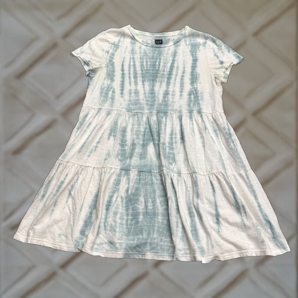 Gap VINTAGE Gap Short Sleeve Tiered Midi Dress Womens XL Mint Green White Tie-Dye Casual Size 40" / US 18 - 1 Thumbnail