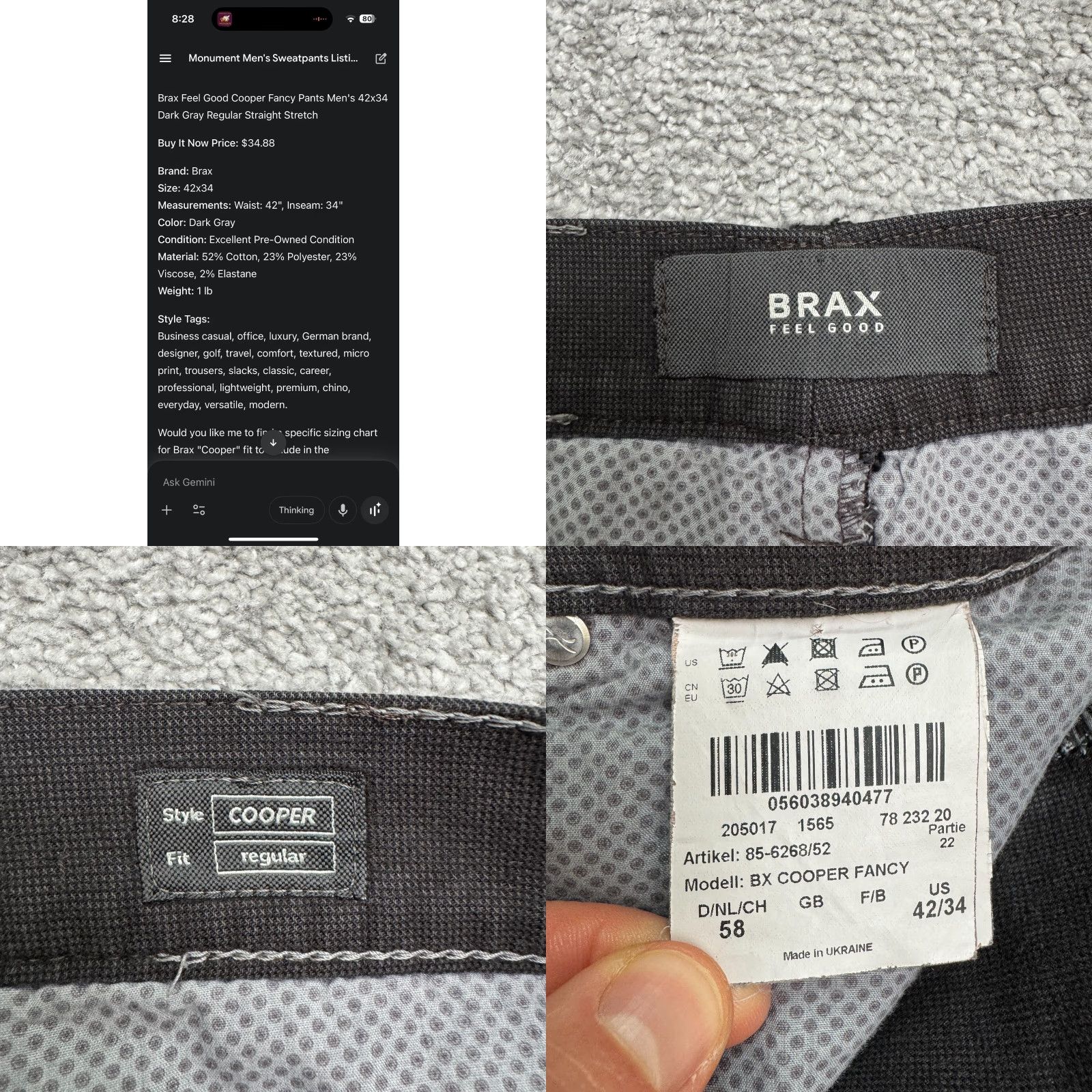 BRAX BRAX Chino Pants Men 42x34 Dark Gray Straight Leg Trouser Size US 42 / EU 58 - 8 Thumbnail