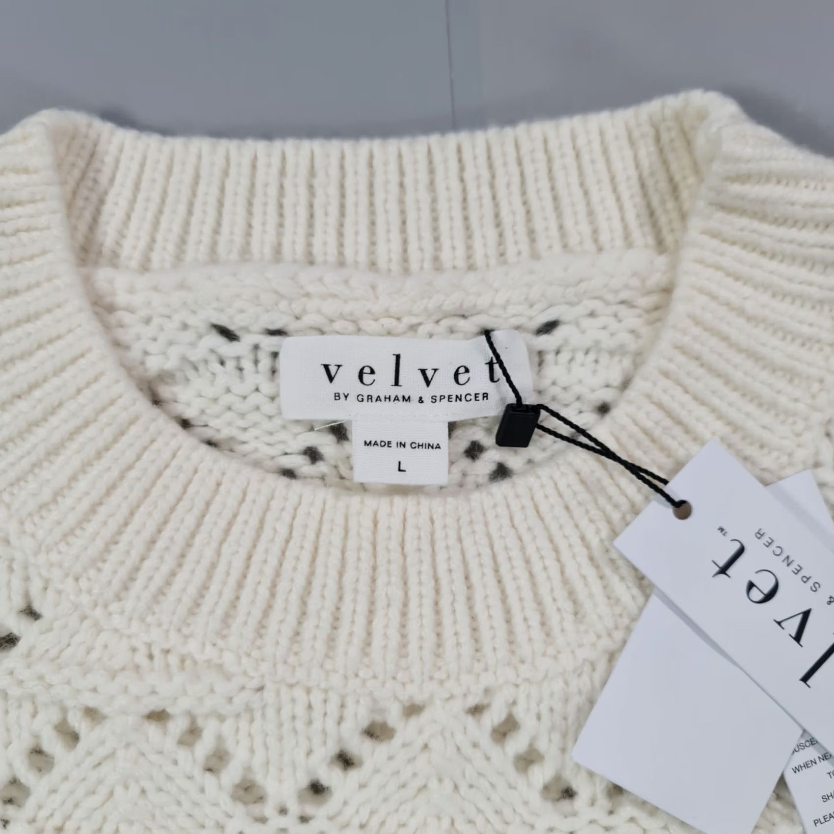 Velvet Velvet by Graham & Spencer Jumper Womens Ivory Open-Knit Pullover Crew Neck Long Sleeve Large Nola Novelty Pointelle Knit Pullover Size L / US 10 / IT 46 - 3 Thumbnail