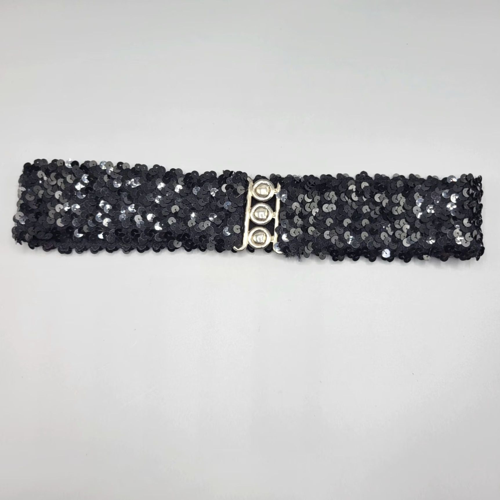 Vintage VINTAGE Black Sequin Elastic Stretch Belt Metal Clasp Closure Clubwear Women One Size Black Sequin Belt Womens Size ONE SIZE - 3 Thumbnail