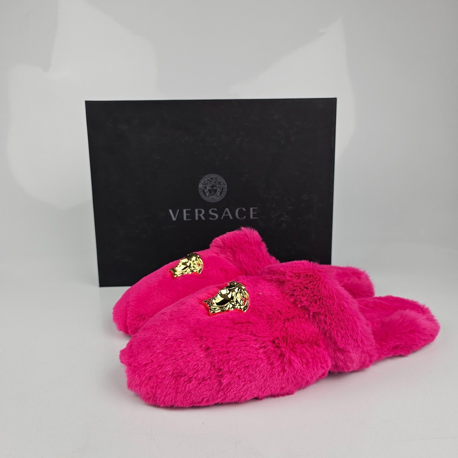 VERSACE Pink Medusa Fur Slippers New (Men's size:12;)
