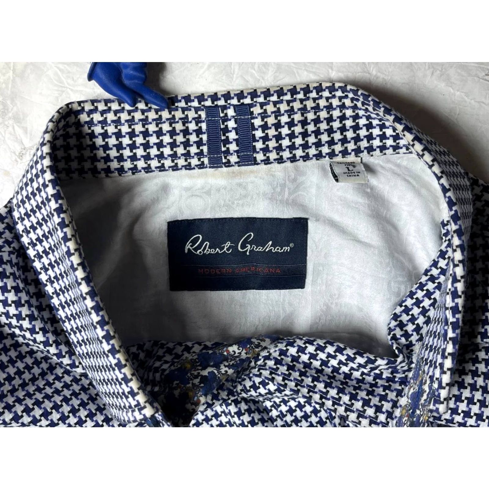 Robert Graham Robert Graham Shirt Button-Up Long Sleeve Men L Blue Houndstooth Button-Down Collar Size US L / EU 52-54 / 3 - 7 Thumbnail