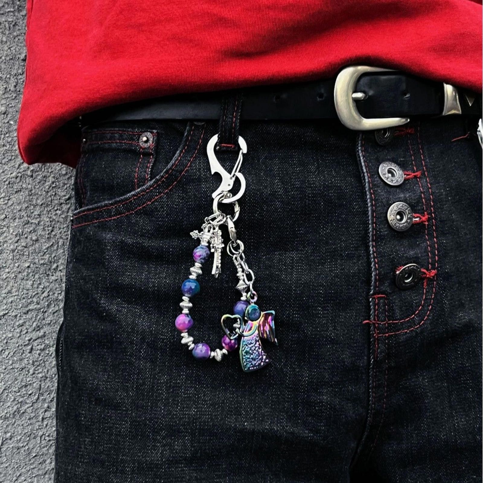 Jewelry Purple Beaded Angel Keychain, Handmade Charm Accessory Size ONE SIZE - 1 Thumbnail