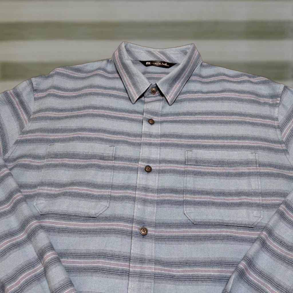 TravisMathew Travis Mathew Shirt Mens L Blue Striped Button-Up Long Sleeve Cotton Blend Stretch Casual St​yle Fashion Size US L / EU 52-54 / 3 - 1 Thumbnail