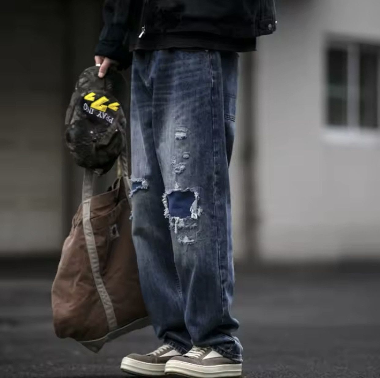 Jean Streetwear Washed Distressed Ripped Patchwork Jeans Size US 33 - 1 Thumbnail