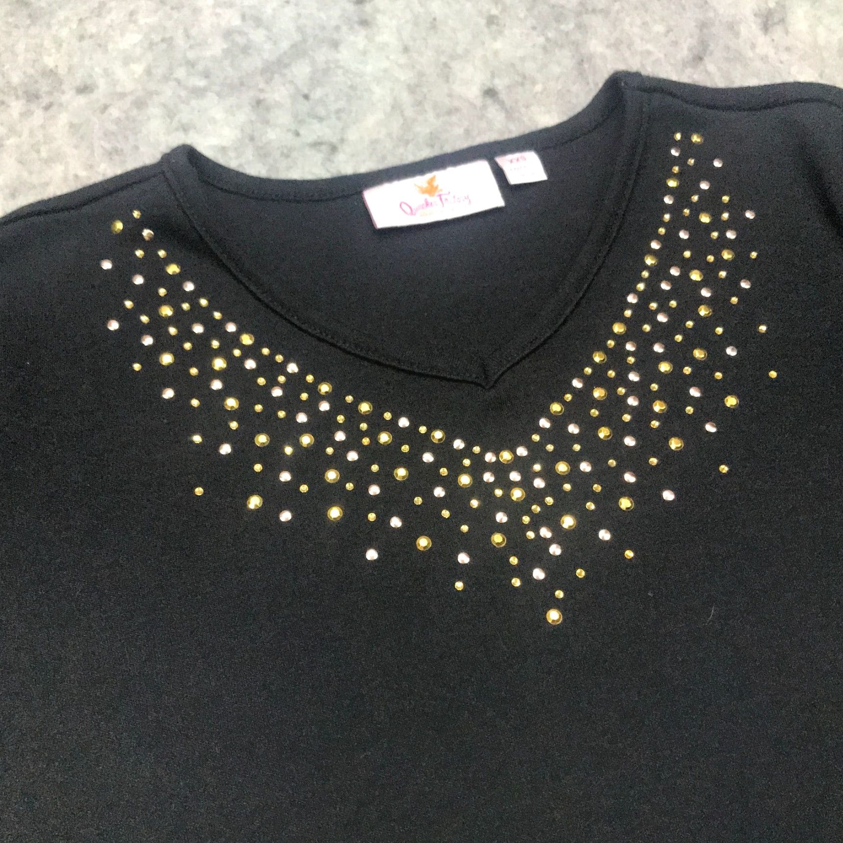 Quacker Factory Quacker Factory Shirt Womens V-Neck Black XX-Small Short Sleeve Rhinestones Embellished T-Shirt Size XXS / US 00 / IT 34 - 4 Thumbnail