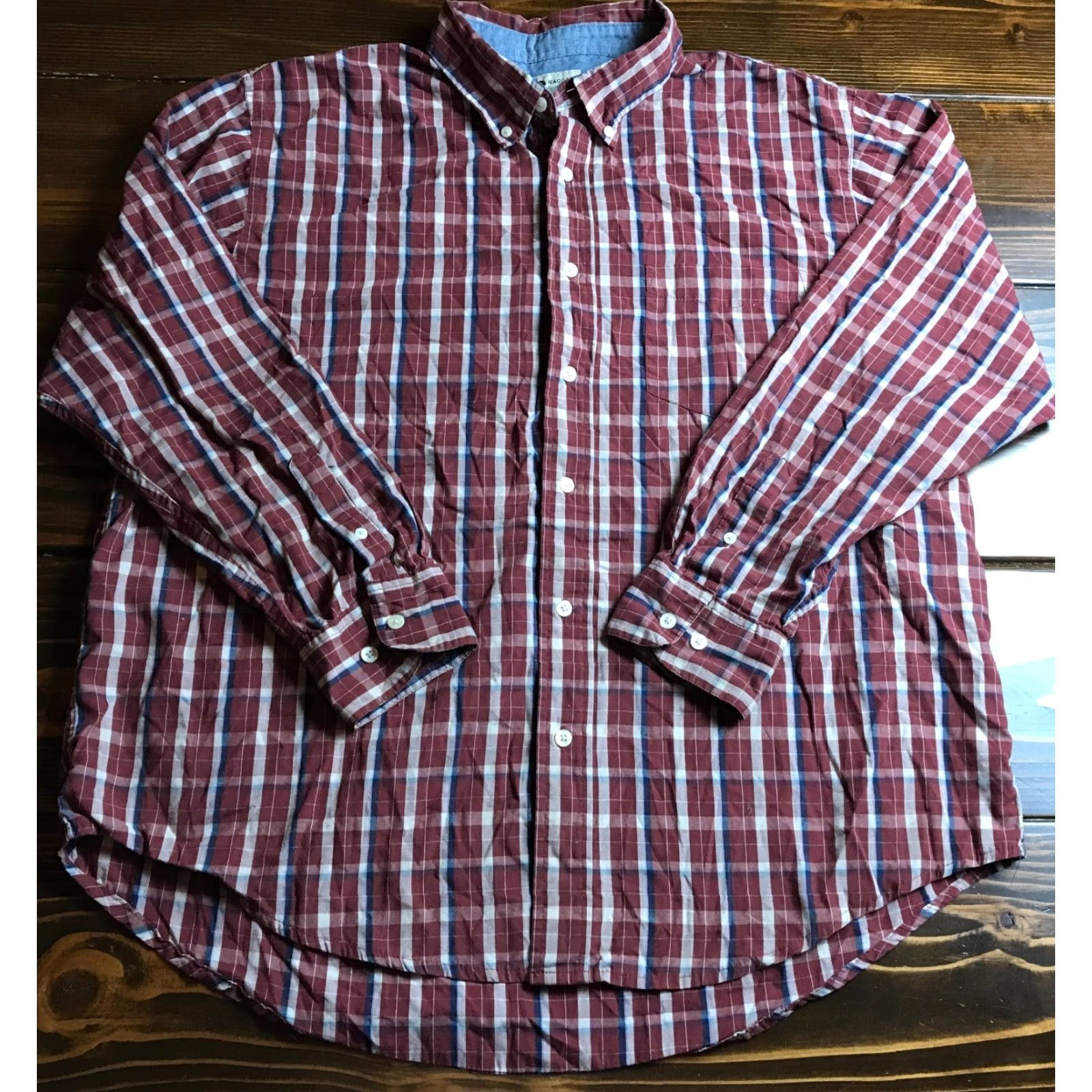 Haggar Haggar Shirt Men’s XL Burgundy Tan Blue Dress Shirt Button Down Plaid Long Sleeve Button-Up Casual Vintage: No Size 46R - 2 Thumbnail