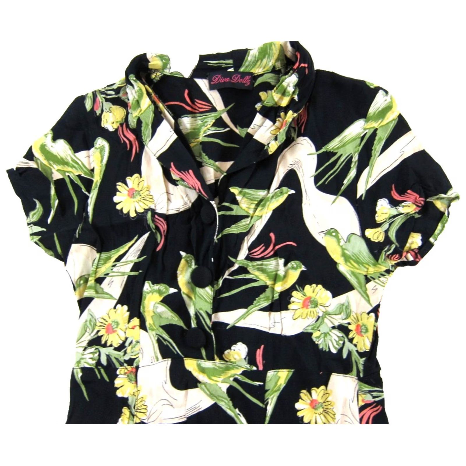 Pinko VINTAGE Diva Dollz Dress Shirt XS Black Floral Midi Short Sleeve Bird Green Purple Pink Bohemian 90s Style Mens Womens Girls Boys Size 26" / US 2 / IT 38 - 4 Thumbnail
