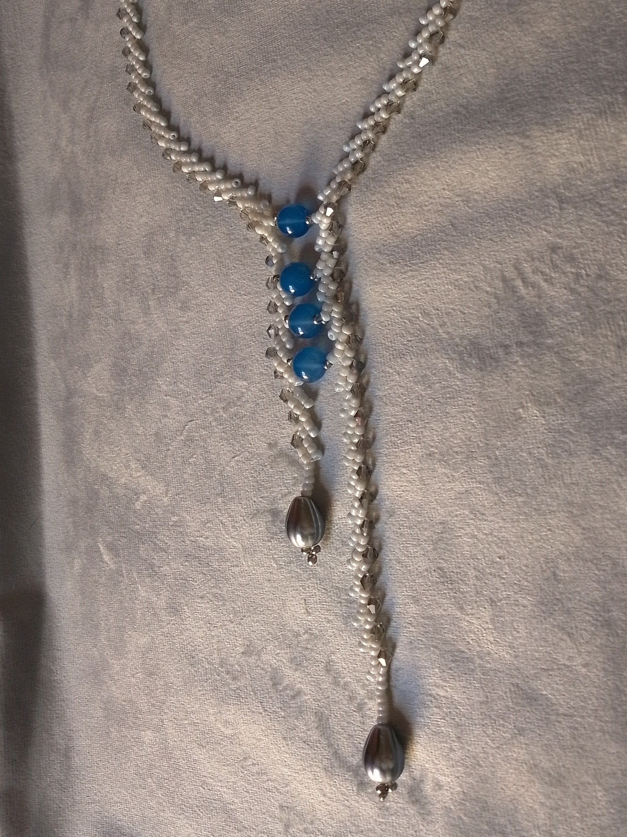Handmade Long White Necklace. Braided. Glamour Agate Gemstones Size ONE SIZE - 5 Thumbnail