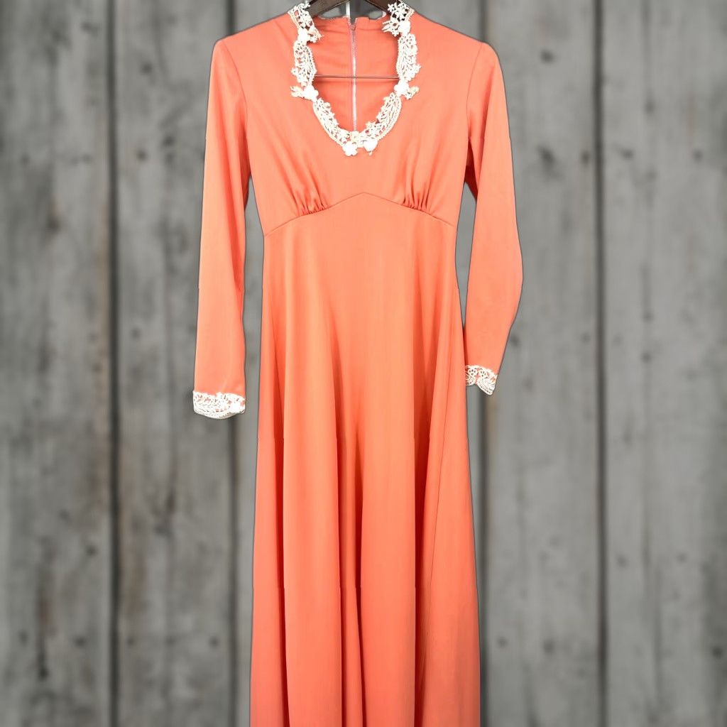 Vintage VINTAGE 70s Maxi Dress Lace Trim Orange Coquette Womens 9 Cottagecore READ Size M / US 6-8 / IT 42-44 - 1 Thumbnail