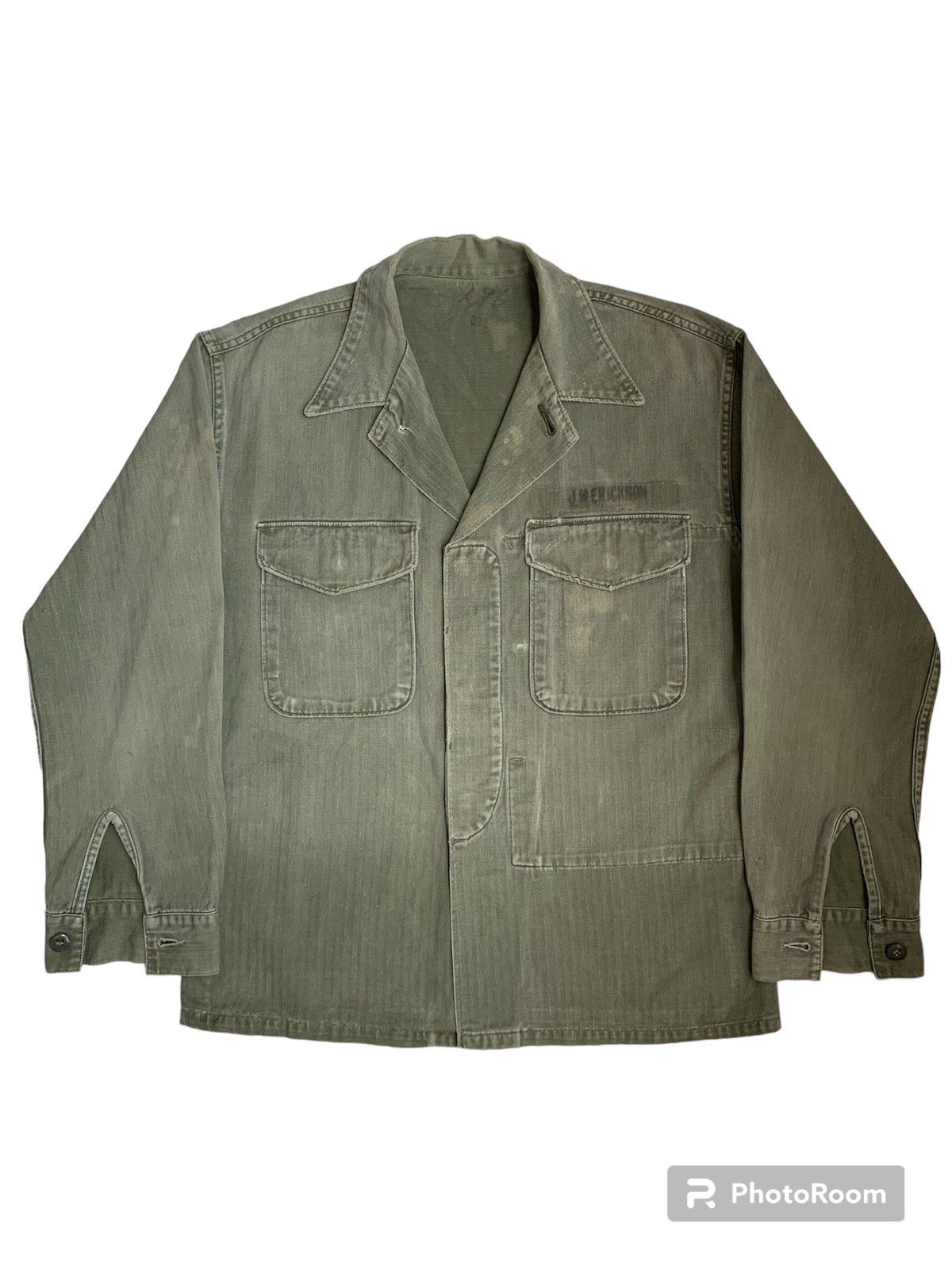 image of Made In USA x Military True Vintage 50S P53 Usmc Herringbone Twill Shirt in Sage Green (Size Large)
