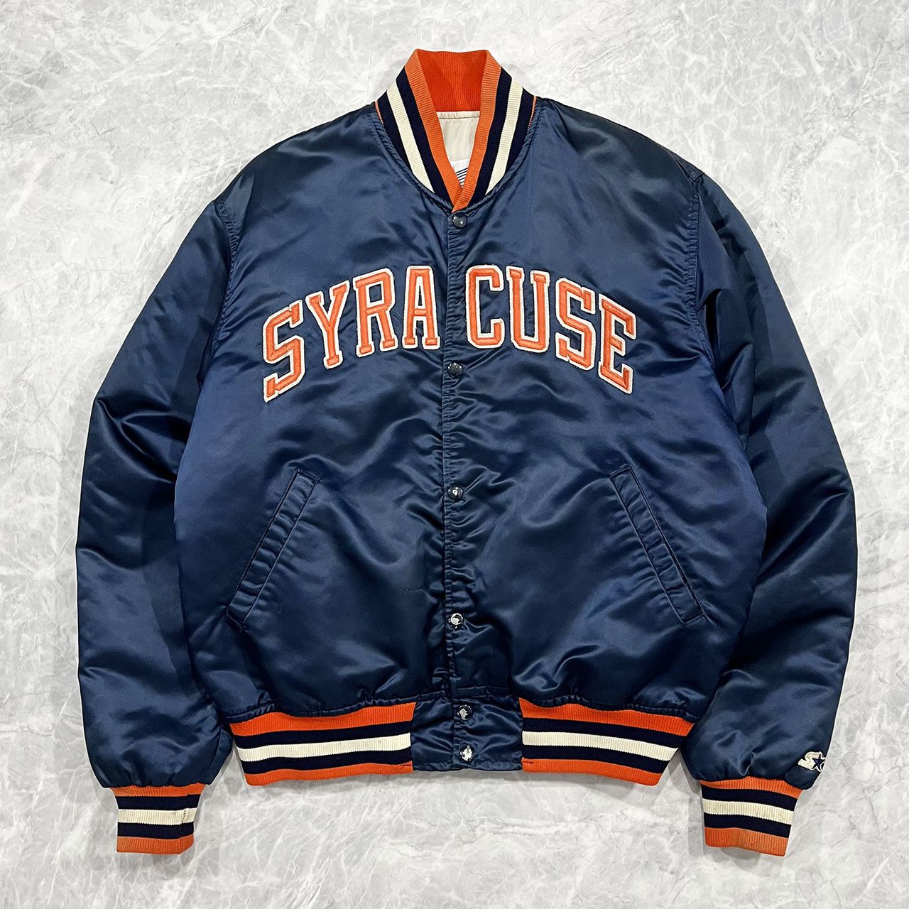 image of NCAA x Starter VTG 80's 90's Syracuse University Orangemen Satin Jacket in Navy Orange (Size Large)