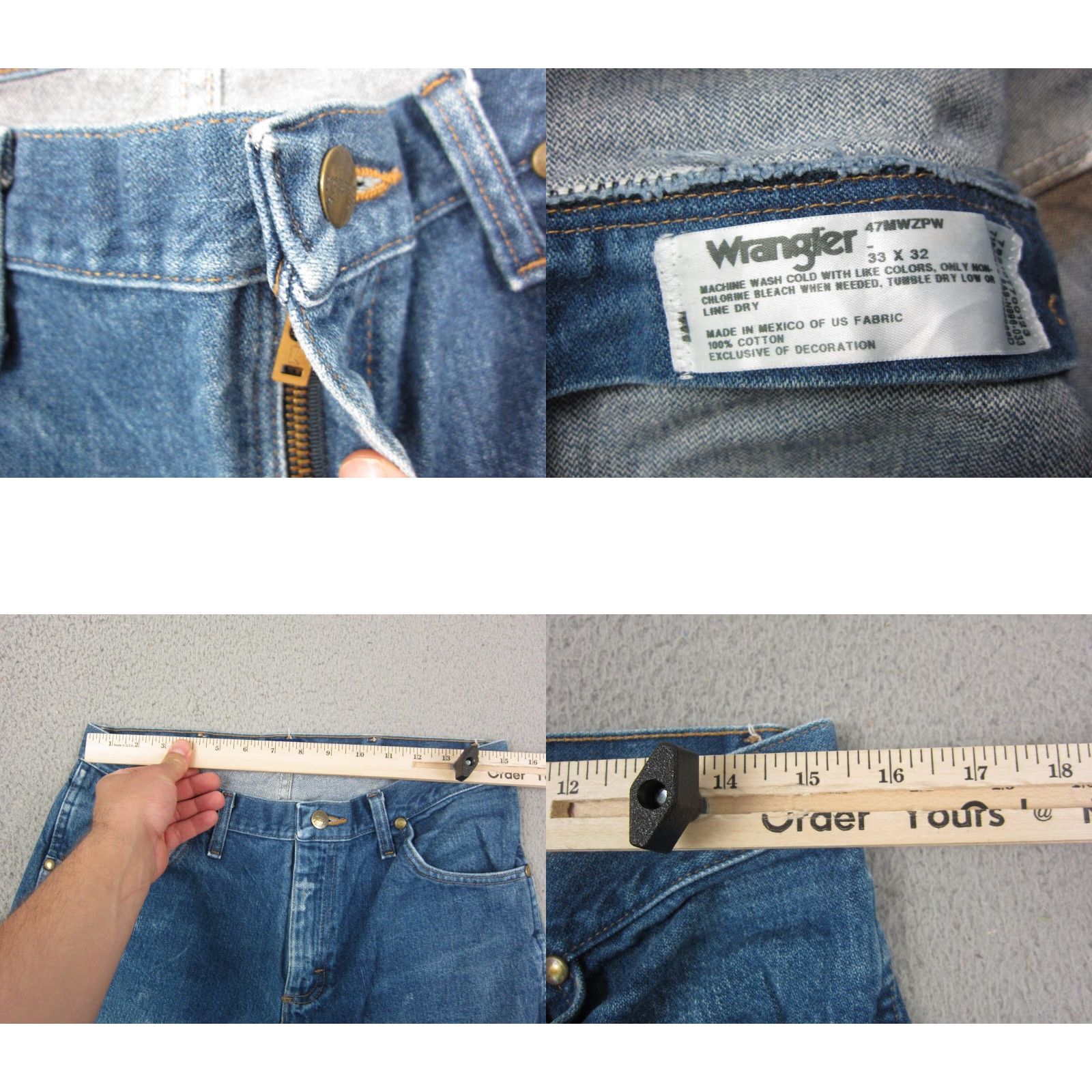 Wrangler VINTAGE Wrangler Jeans Mens 33x32 Blue Cowboy Straight Regular Fit 47MWZPW 5-Pocket Denim Cotton Zip Accessory Logo Zipper 90s Cowboy Theme Size US 33 - 8 Thumbnail