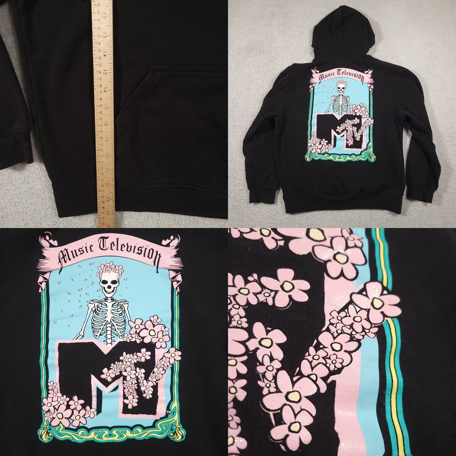 Vintage MTV Streetwear Hoodie Womens Medium Black Shimmer Floral Graphic Sweatshirt Size M / US 6-8 / IT 42-44 - 8 Thumbnail