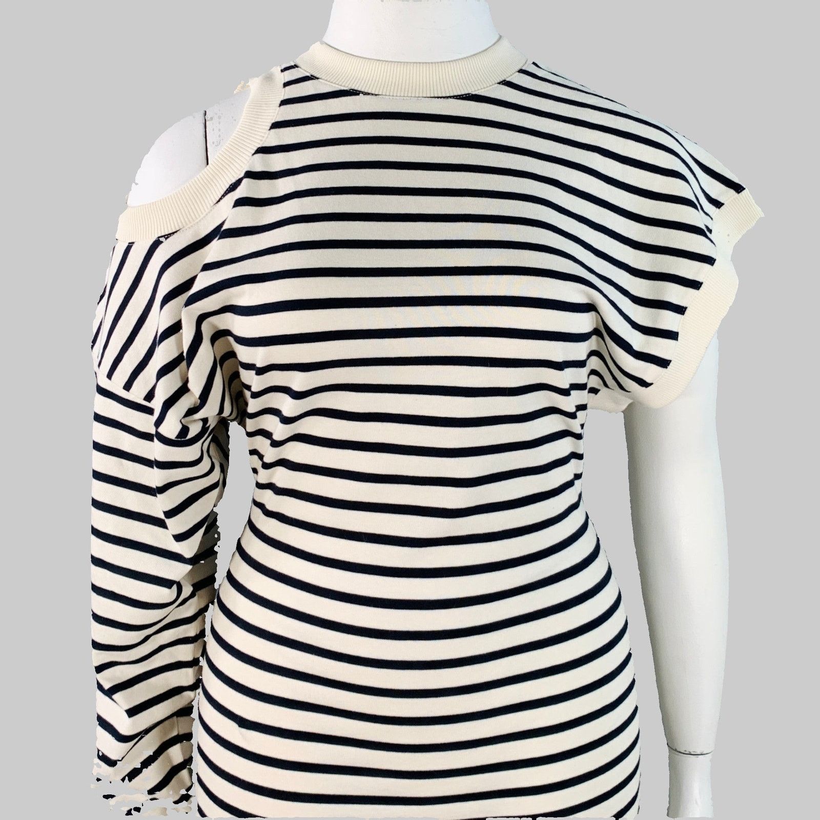 A.W.A.K.E. MODE A.W.A.K.E.MODE Beige Navy Cotton Stripe Asymmetrical Dress Size XL / US 12-14 / IT 48-50 - 2 Thumbnail