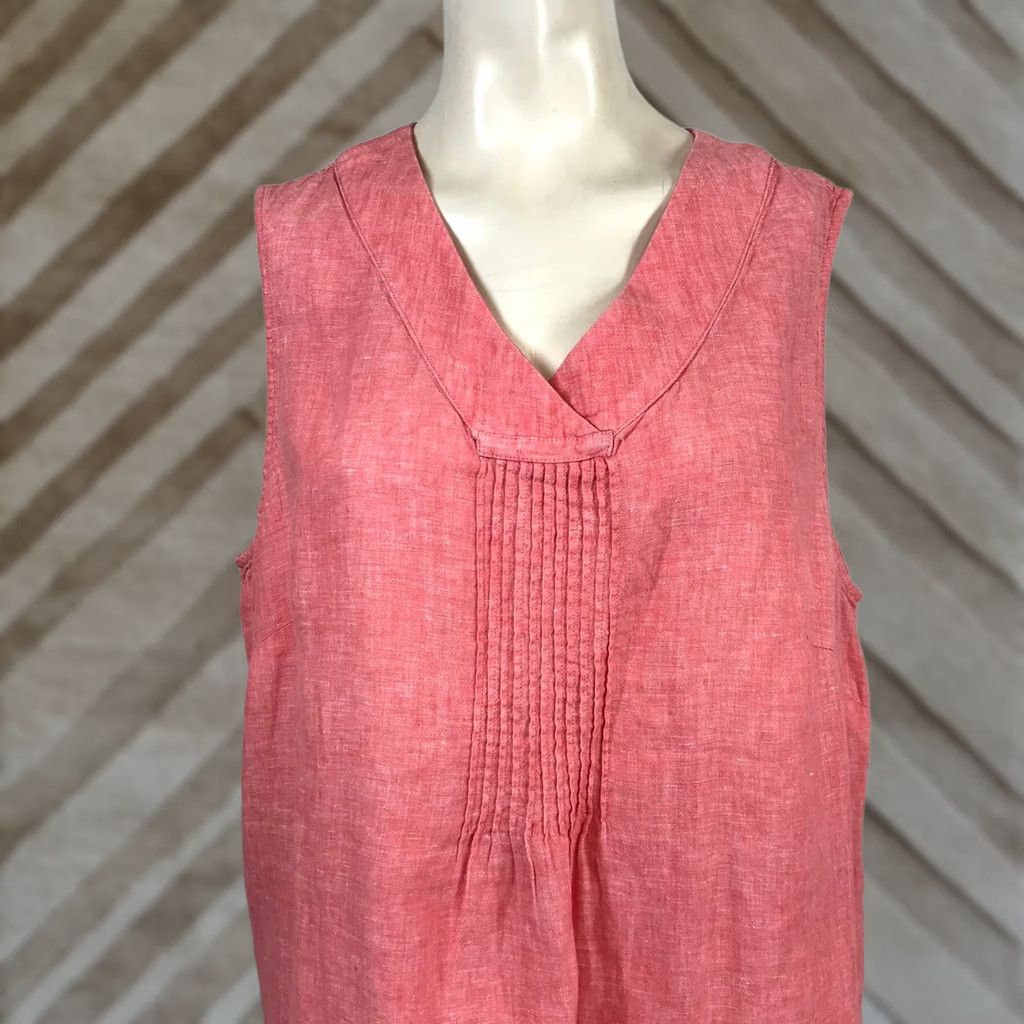 Lands' End VINTAGE Lands' End Womens 1X Tunic Sleeveless Linen V-Neck Coral Pink Knit Pintuck Pleats Slit Beach Casual Travel Workwear 100% Linen Womens 1X Size XL / US 12-14 / IT 48-50 - 1 Thumbnail