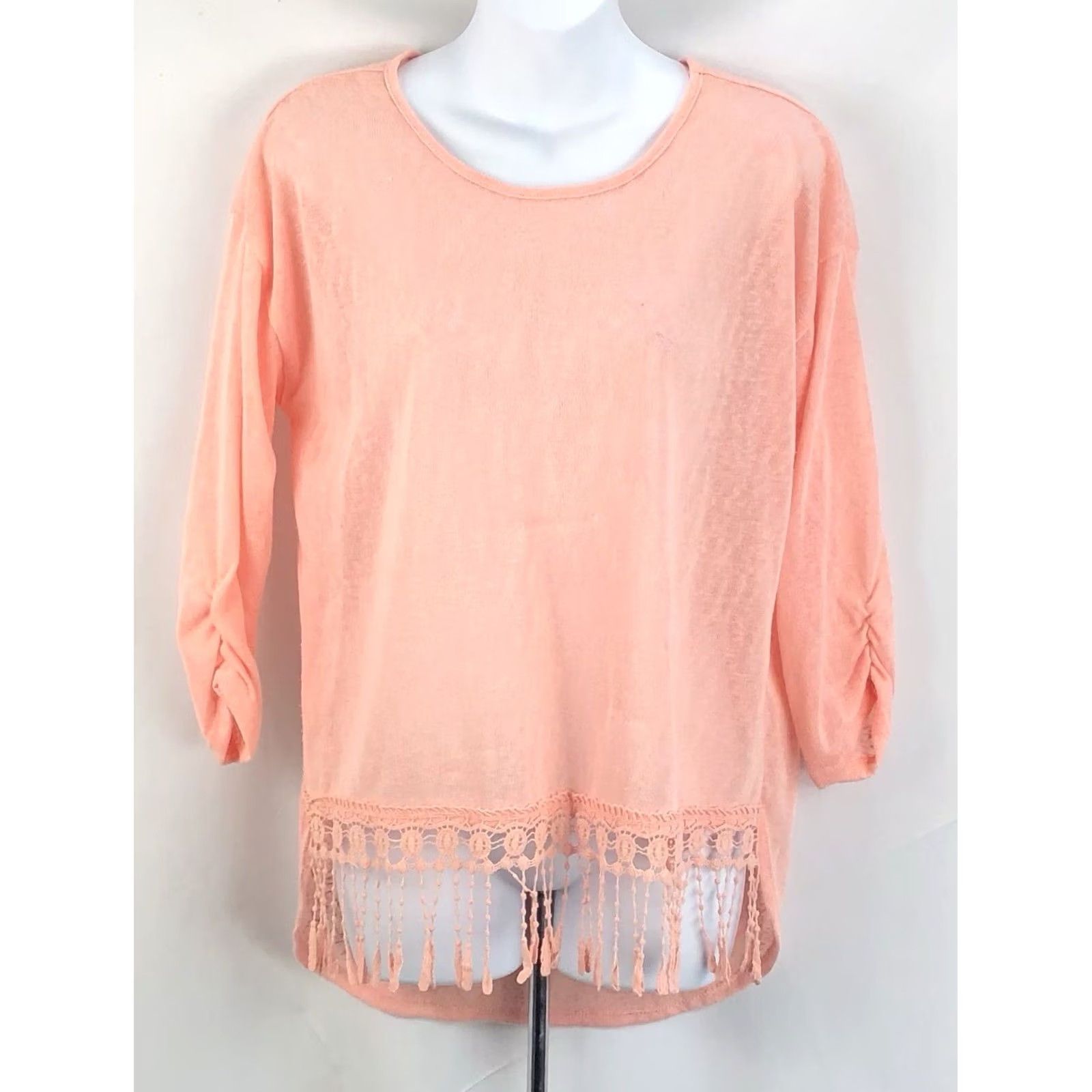Vintage NoBo Tunic Sweater L Peach Crochet Fringe Hem 3/4 Sleeve Beach Boho Size L / US 10 / IT 46 - 5 Thumbnail